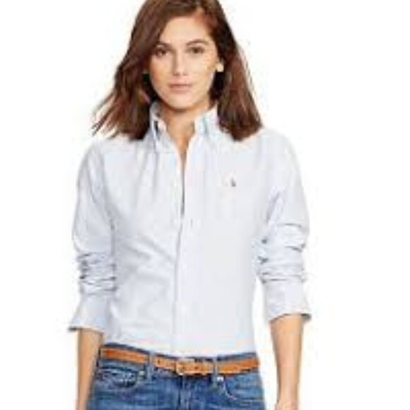 Ralph Lauren Custom Fit Women's Blue & White Striped Oxford Button-Down Shirt M - Picture 1 of 5